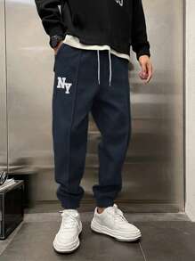 RueChic Men Letter Embriodery Patched Detailed Regular Sweatpants - Navy Blue - View 1