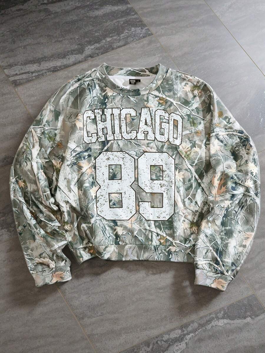 Forever 21 Men's Loose Casual All-Over Printed Cropped Pullover Sweatshirt With Numbers And Letters - Green - View 1