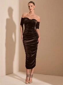 SHEIN BAE Black Off-Shoulder Ruffle-Trim Bodycon Midi Dress, Suitable For Cocktail Parties, Romantic Dates, Autumn/Winter Underlayer, Gatherings, Weddings, Halloween, Christmas