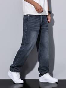 Manfinity Homme Plus Size Men's Casual Loose Fit Straight Leg Pockets Jeans - Blue - View 3