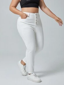 SHEIN EZwear 大码高弹力女式纽扣前口袋紧身休闲牛仔裤，百搭