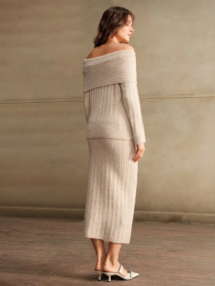 1pc Elegant Simple Off-Shoulder Knitted Sweater, Bodycon Mermaid Hem Skirt