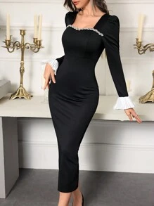 Modelyn 女士方领拼色水钻装饰优雅长袖连衣裙长款晚礼服 - 黑色 - 查看 5