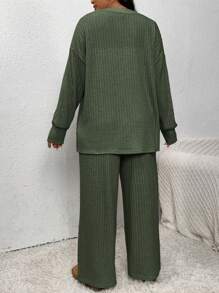 SHEIN Frenchy 2pcs Green Knitted Plus Size Set, Jacket + Pants, Casual & Comfortable, Autumn/Winter - Dark Green - View 2