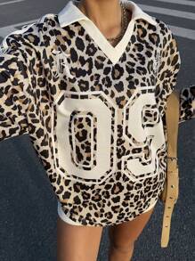 SHEIN EZwear Women's New Casual Leopard Print Numeral Graphic Sweatshirt In Fall/Winter - Khaki - View 4