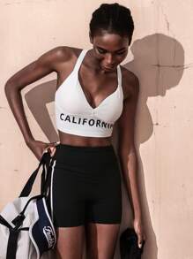 VARSIVA White High Elasticity Ribbed Letter Screenprint Criss-Cross Back Sports Bra - White - View 3