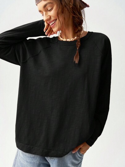 Bohemela Vacation Solid Color Knit Crew Neck Raglan Long Sleeve Loose Fit Maxi Tee For Women