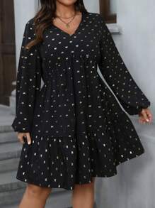 SHEIN LUNE 加大码舒适百搭烫印蝴蝶结装饰 V 领 A 字形连衣裙心形情人节玫瑰