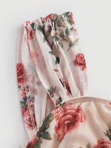 SHEIN MOD Áo kiểu nữ cổ vuông, in hoa màu xanh trắng, dáng ôm, xếp ly, thanh lịch, thích hợp cho mùa thu, thời trang, áo kiểu thời Phục Hưng, hội chợ thời Phục Hưng. - Màu Hoa hồng đỏ - Xem 3