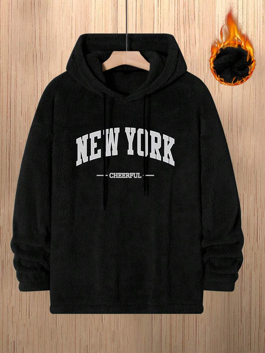 Manfinity Campus Court Áo nỉ có mũ trùm đầu in chữ nhiệt cỡ lớn dành cho nam, mùa thu/đông - màu đen - Xem 1