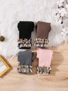 SHEIN 4pcs Set Young Girl Solid Knitted Plaid Patchwork Casual Leggings
