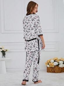 3Pcs  Printed&Lace Detail Cami Top,Sleep Bottom And Lace Detail Robes Homewear PJ Set - White - View 2