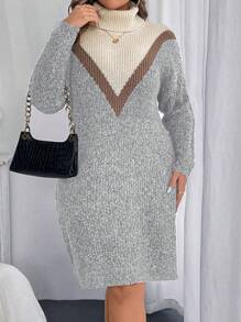 Calvaya Plus Size Jednolity Kolor Patchwork Golf Długi Rękaw Casual Krótki Sweter Sukienka, Na Zimę
