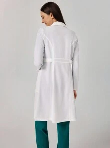 TaskEZ Women's Solid Color Bandbag Collar Long Sleeve Pocket Casual Lab Coat/Jacket, White - White - View 2