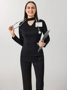 TaskEZ 女士黑色长袖锁眼领上衣和高腰直筒裤手术服套装