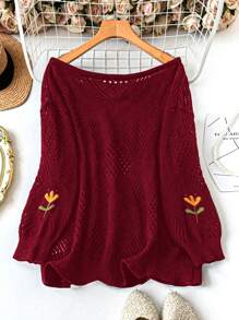 SHEIN LUNE Plus Size Casual Floral Embroidery Loose Hollow Knitted Sweater, Autumn/Winter Fall - Burgundy - View 2