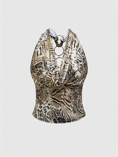 J-Fashion Y2K Gyaru Draped Neck Open Back Leopard Print Metal Ring Decor Backless Halter Top For Women