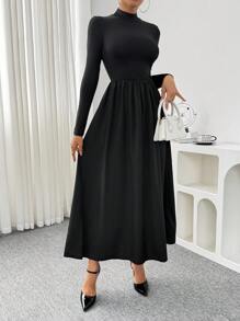 SHEIN Clasi 优雅经典黑色收腰 A 字长裙，全新秋季系列长款女装 - 黑色 - 查看 4