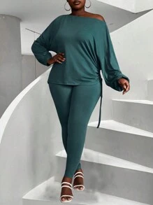 Maweii 2 件套大码女式不对称休闲褶皱上衣和紧身裤套装 - 水鴨藍 - 查看 5