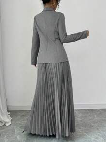 Elenzga Bộ vest thanh lịch dành cho nữ 2 món: Chân váy xếp ly mini và áo khoác blazer - Màu Xám nhạt - Xem 2