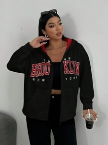 Flirla Plus Size Women Letter Printed Long Sleeve Zip Up Casual Sweatshirt, Autumn Graduation, Back To School Outfits, Graduation, Teacher Outfits For Women, Back To School - Black - View 4