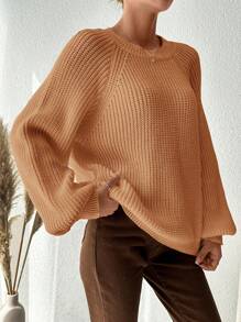 EURMUSE Plus Size Fall Solid Color Crew Neck Long Sleeve Simple Knit Sweater, Casual For Everyday Wear, For Winter - Camel - View 5