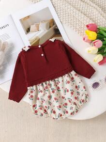 SHEIN Baby Girls' Sweater Romper, New Infant Girls' Knitted Crawling Clothes For Autumn/Winter