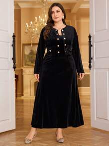 Modelyn 2pcs Plus Size Women Style Velvet Jacket With Suspenders, Elegant Work Daily Outfit With Decorative Buttons And Fake Pockets 2 Pieces Set - Black - View 7