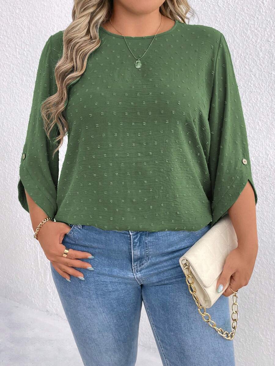 SHEIN LUNE 大码冬季长袖宽松圆领休闲衬衫 - 綠色 - 查看 1