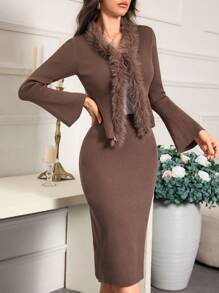 Mulvari Women Solid Color Fluffy Splice Long Sleeve Top And Mini Skirt Elegant 2 Pieces Set 2 Pieces Set