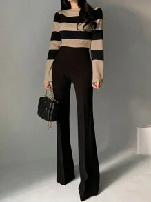 DAZY Áo len cổ thuyền tay loe kẻ sọc rộng cho nữ, nhiều màu, thời trang xuân/thu, thu cho nữ - Nhiều màu - Xem 2