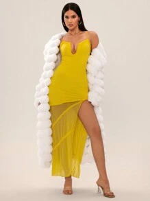 SHEIN SXY 女士黃色網紗蕾絲鏤空開衩長洋裝 - 黃色 - 查看 4