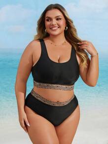Swim Lushoire 2025 Plus Size Color Block Two-Piece Bikini Summer - Black - View 3
