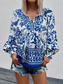 SHEIN Unity Fashionable Casual V-Neck Long Sleeve Scattered Ditsy Floral Placement Floral Shirt Top Fall Cloth For Women - Blue and White - View 6