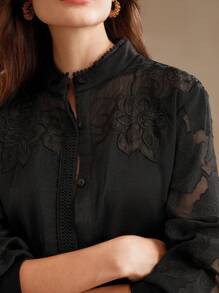 Anewsta 优雅小众法式蕾丝拼接女式长袖衬衫 - 黑色 - 查看 2