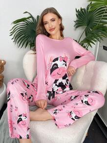 SHEIN Cute Cartoon Cow Print Women Pajama Set, Fall Winter Clothes Cozy And Elegant Details - Multicolor - View 6