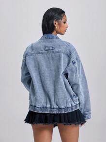 Jeanoix 女士前拉链做旧宽松牛仔夹克