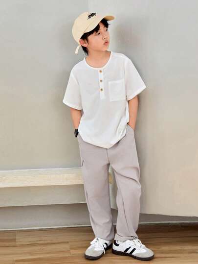 SHEIN Little Byeori 青少年男孩鬆身休閑短袖polo衫和長褲套裝