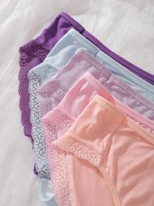 Teen Girl Plain Color Lace Patchwork Simple Briefs, Casual Everyday Wear , 5 Pcs - Multicolor - View 5