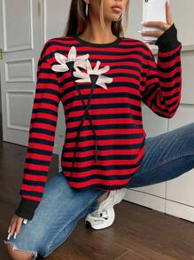 SHEIN Unity 女士条纹印花圆领休闲套头卫衣，适合新年秋季穿着 - 紅色 - 查看 4