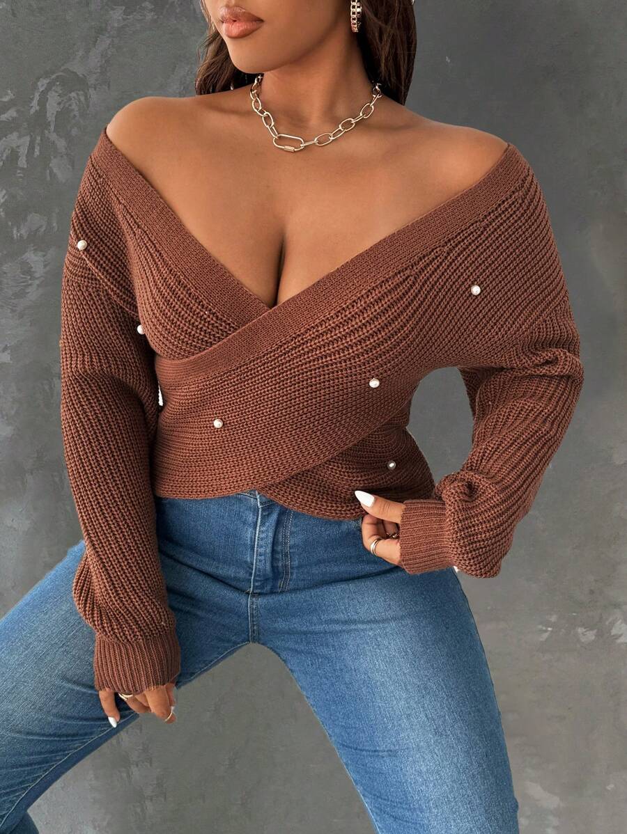 SHEIN Unity Plus Size Casual Minimalist Solid Color Off Shoulder Faux Pearl Decor Cross Wrap Sweater, Autumn & Winter Knit Pullover Fall - Khaki - View 1