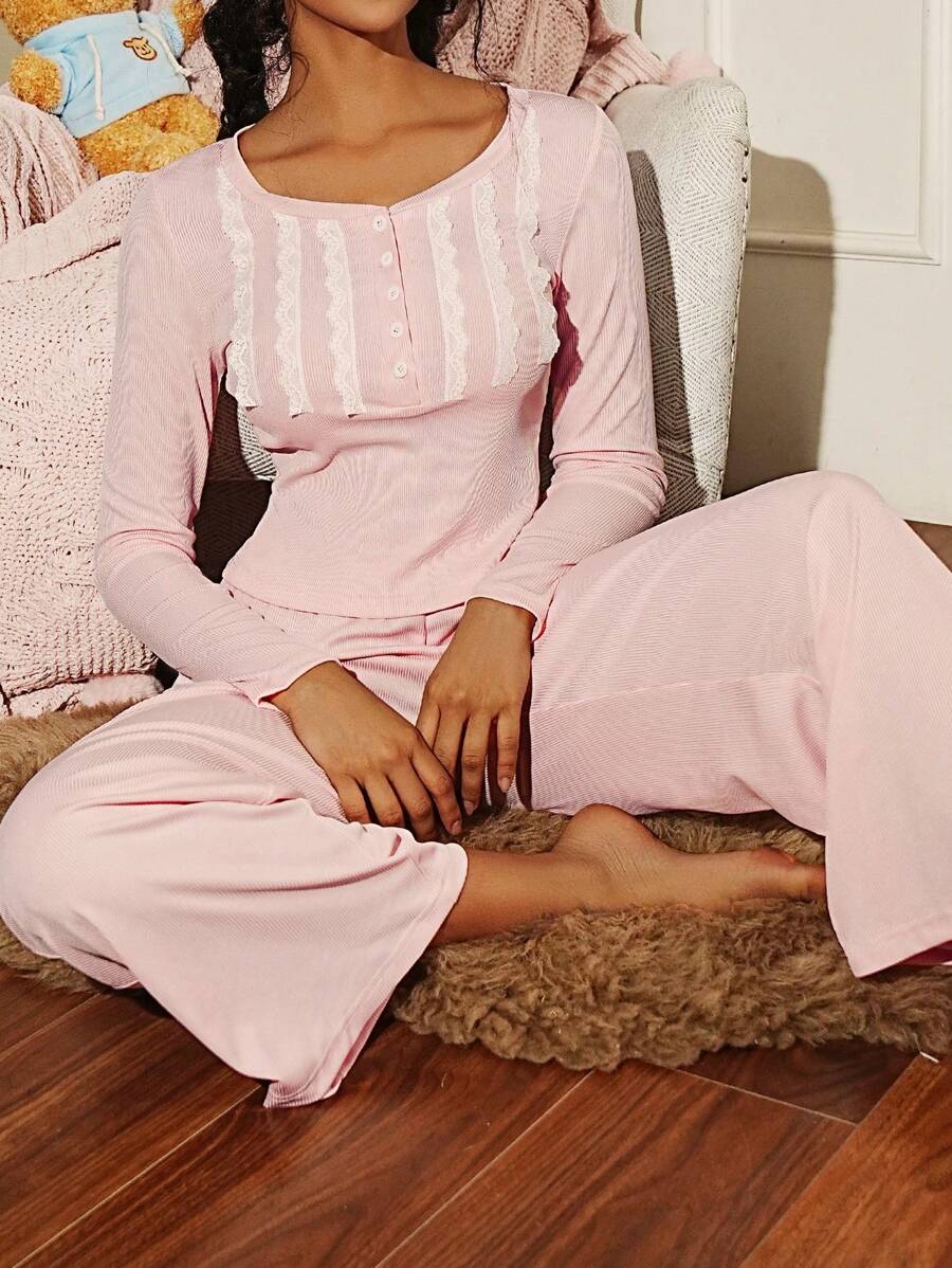 女士撞色蕾丝纽扣衬衫和裤子睡衣套装，长袖，秋季