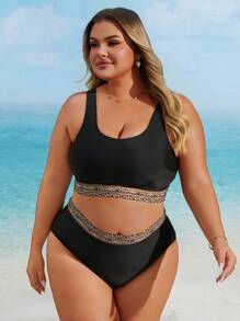 Swim Lushoire 2025 Plus Size Color Block Two-Piece Bikini Summer - Black - View 6
