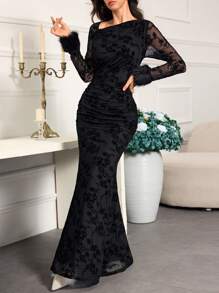 Modelyn Women's Elegant Autumn Asymmetric Shoulder Mesh Contrast Fish Tail Hem Dress - Black - View 3