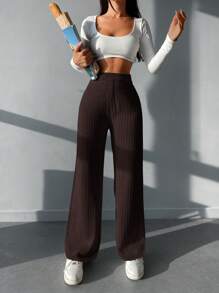 RueChic Solid Ribbed Sweater Pants - Chocolate Brown - View 4