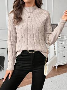 SHEIN Clasi Women Crew Neck Loose Twist Rope Textured Pullover Sweater Knit Pullover Fall Winter - Khaki - View 3