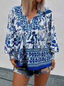 SHEIN Unity Fashionable Casual V-Neck Long Sleeve Scattered Ditsy Floral Placement Floral Shirt Top Fall Cloth For Women - Blue and White - View 5