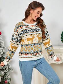 Chiquease Women Casual Everyday Deer Pattern Round Neck Sweater, Autumn/Winter Knit Pullover Fall - Yellow - View 5