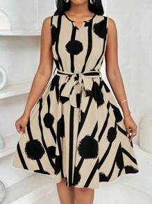 INAWLY 女士优雅几何印花系带迷你连衣裙 - 杏色 - 查看 3