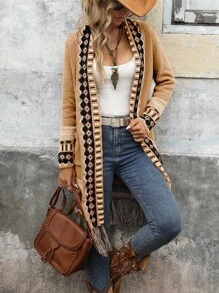 SHEIN LUNE 1pc Women Geometric Print Patchwork Long Sleeve Cardigan With Pockets, Casual Style, Autumn/Winter